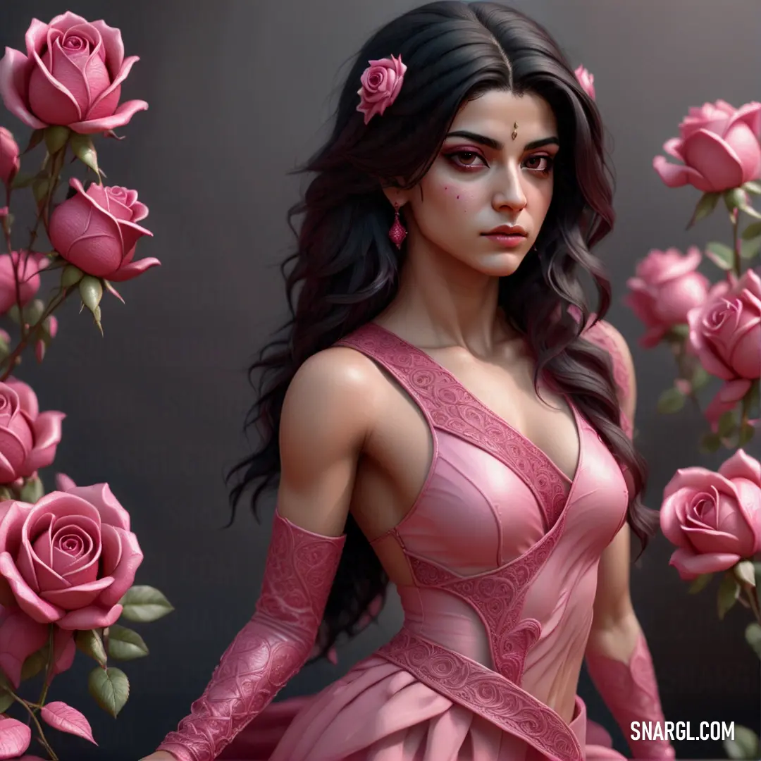 Woman in a pink dress surrounded by roses and roses with a pink rose in her hair. Color CMYK 0,37,20,4.