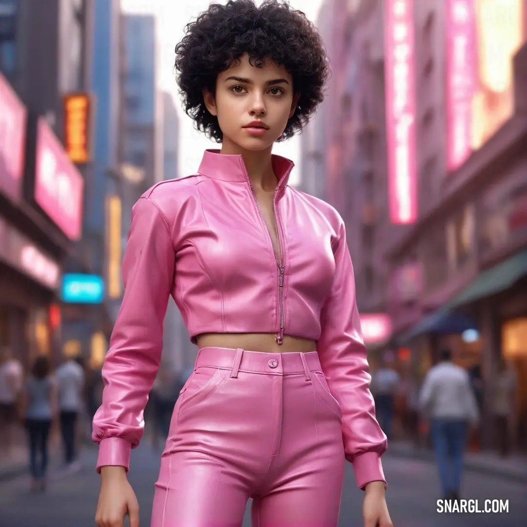 Pastel magenta color example: Woman in a pink outfit is standing on a city street with a neon sign in the background