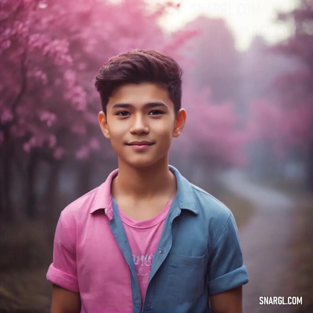 Young boy standing in front of a pink tree. Example of Pastel magenta color.