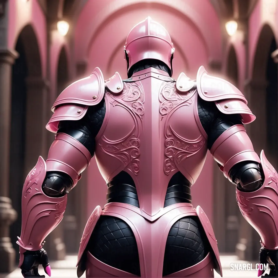 Pastel magenta color example: Pink and black armor suit standing in a hallway with a pink wall behind it
