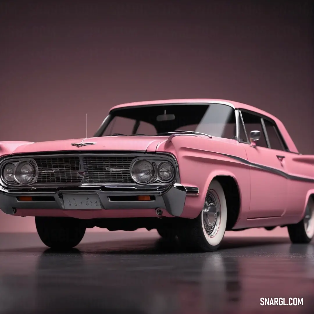 Pink car is parked on a black surface with a pink background. Color RGB 244,154,194.