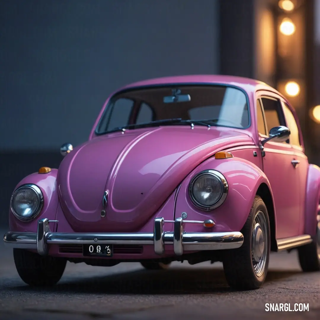 Pastel magenta color example: Pink car parked on the side of a road next to a building with lights on it's sides