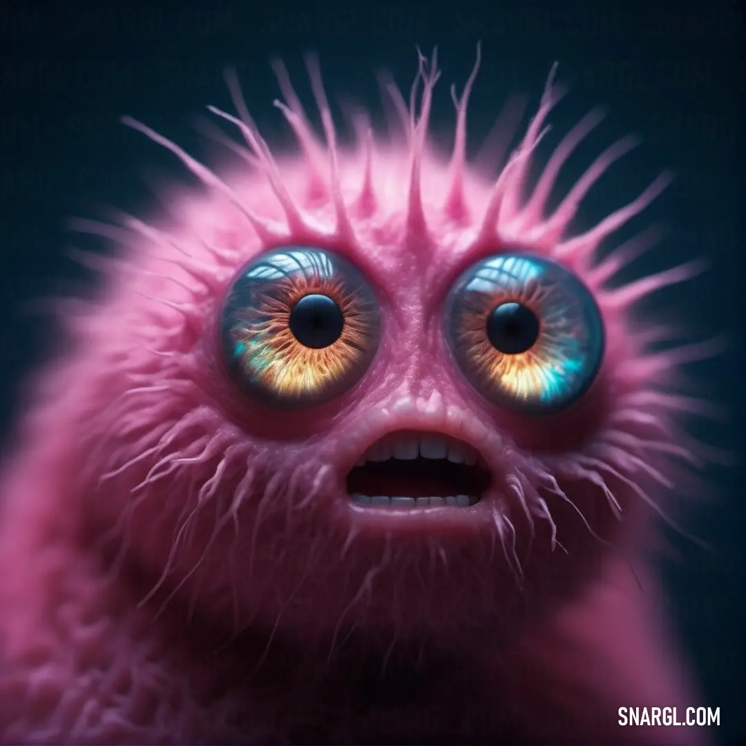 Strange looking creature with a weird looking eye and a weird looking body of hair on it's head. Example of Pastel magenta color.