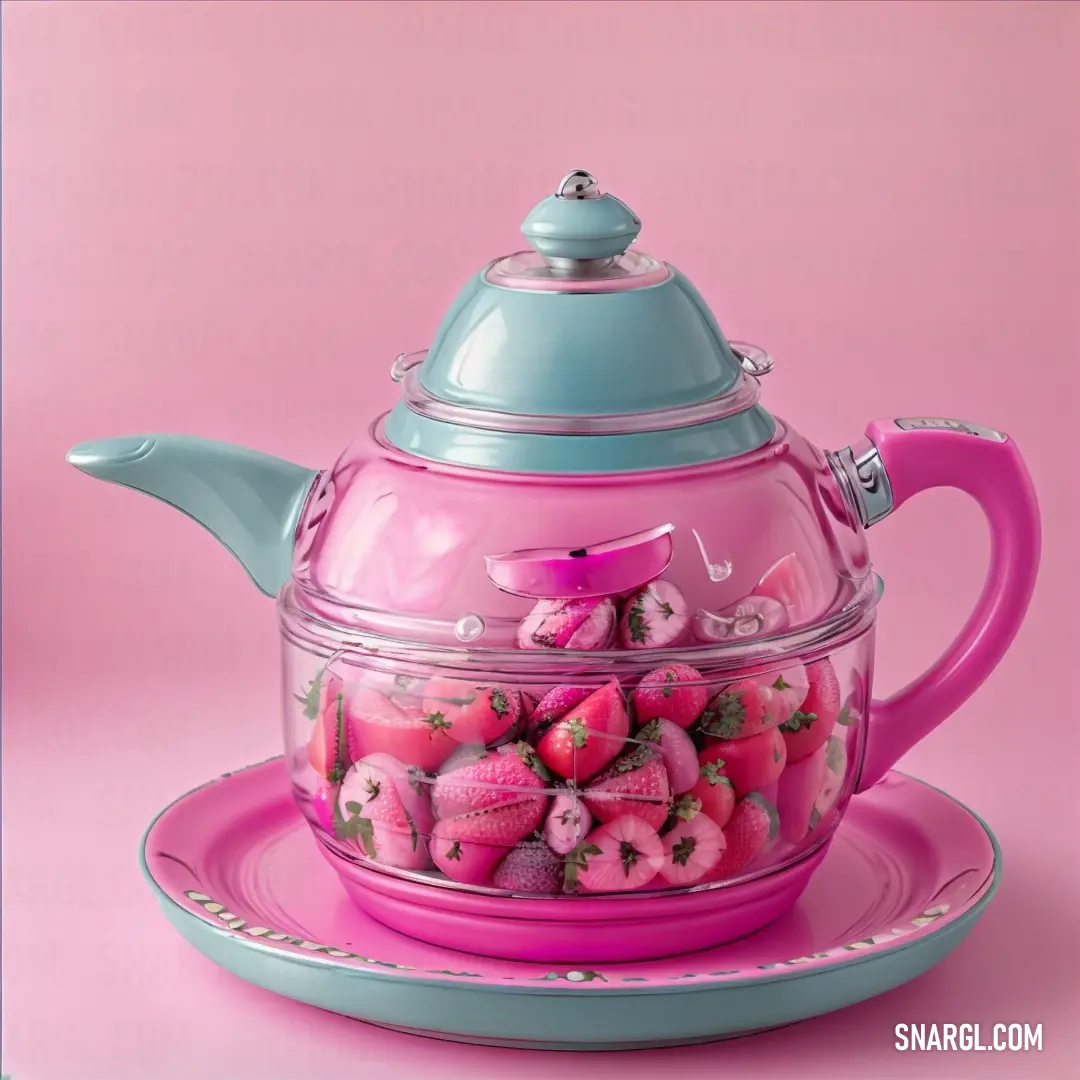 Tea pot filled with pink candy on a plate with a pink background