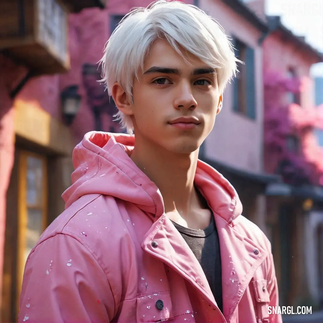 Young man with a pink jacket and a black shirt and a pink jacket and a pink jacket. Example of RGB 244,154,194 color.