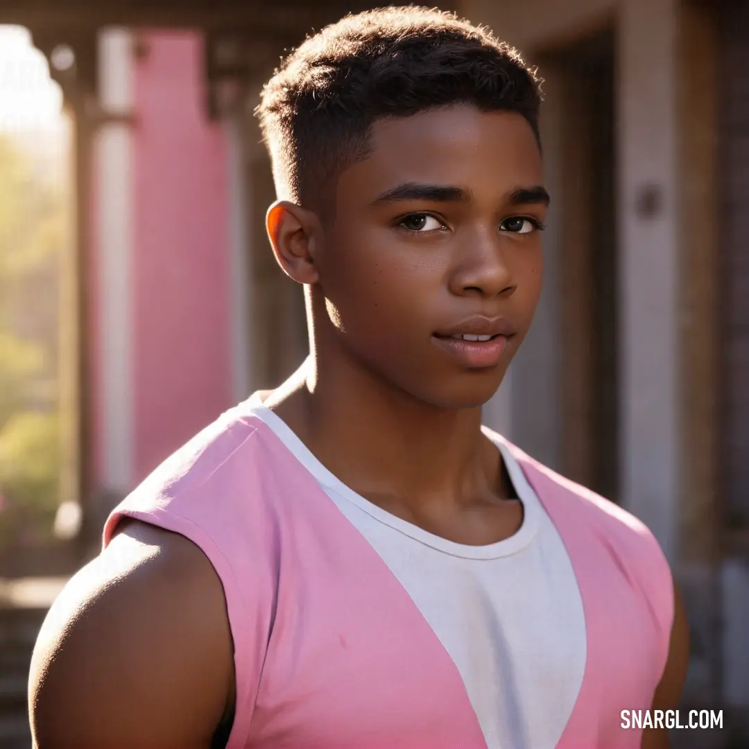 Young man with a pink shirt and white shirt on posing for a picture in front of a pink building. Example of RGB 244,154,194 color.