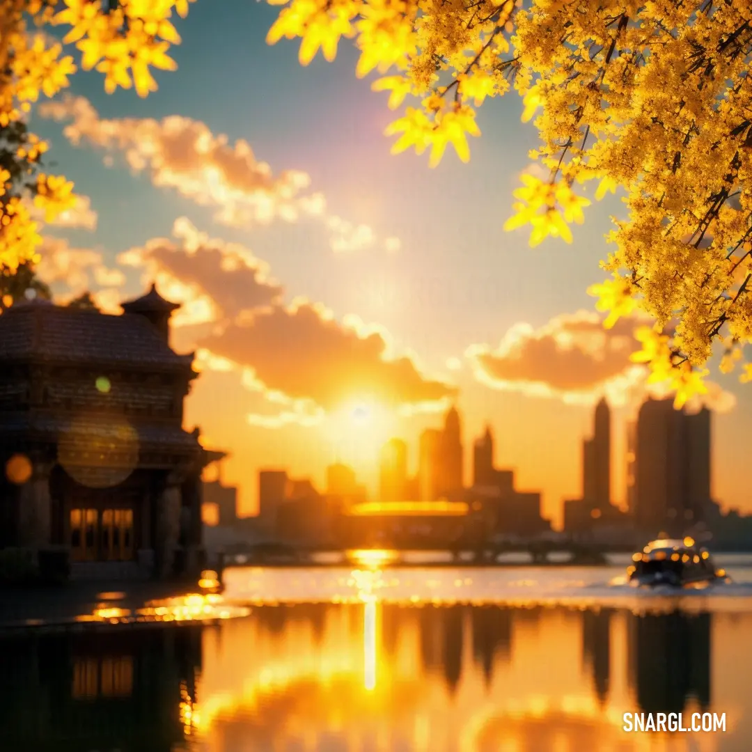Boat is on the water near a tree with yellow leaves and a city in the background at sunset