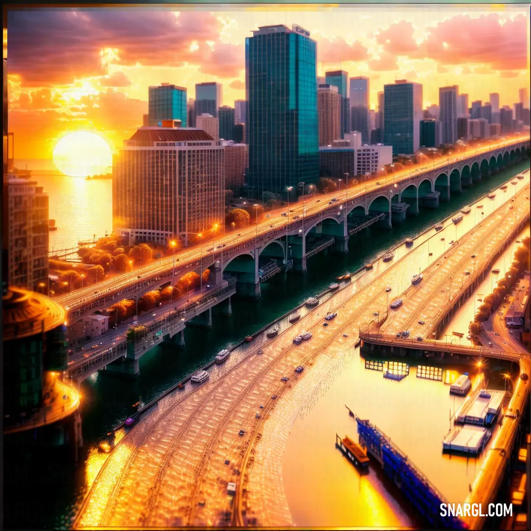 City skyline with a bridge and a river at sunset with a boat in the water