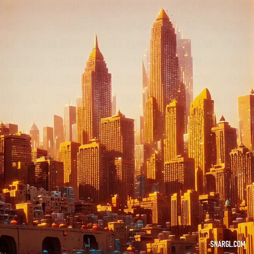 City with tall buildings and a yellow sky background is shown in this image of a city with tall buildings
