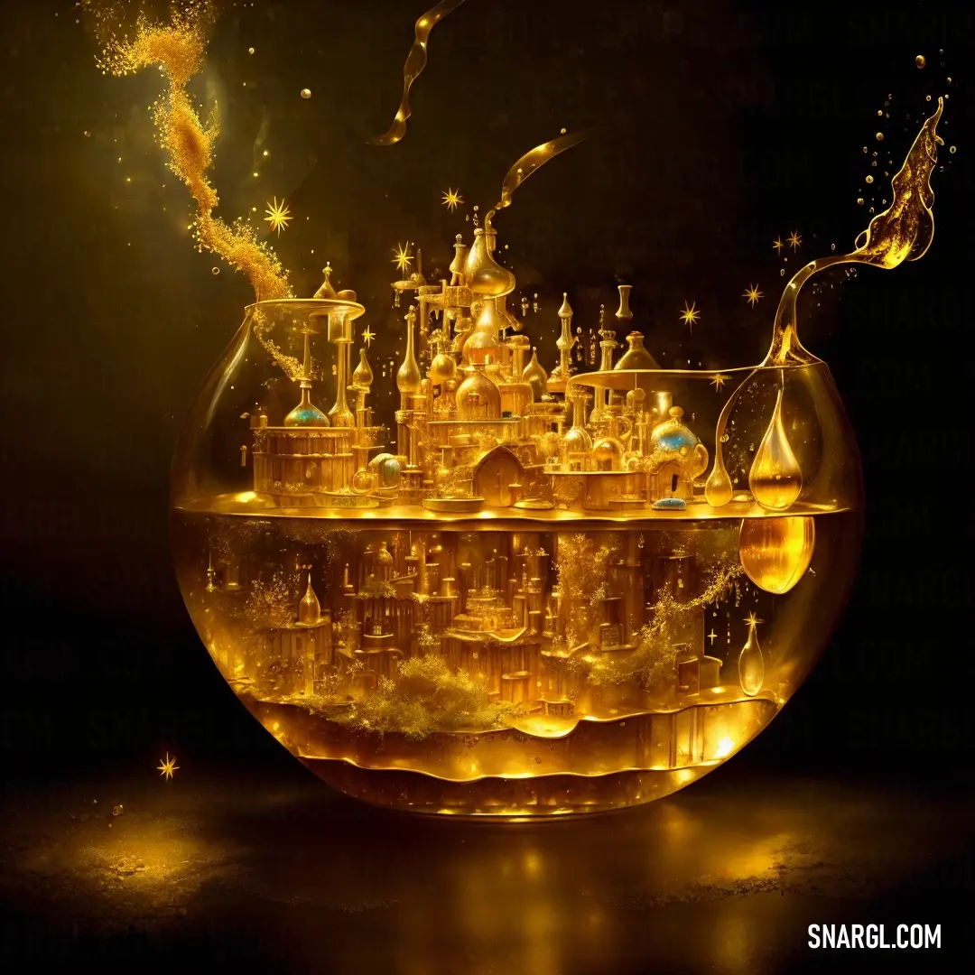 Glass bowl filled with liquid and a gold clock tower inside of it with a gold swirl around it