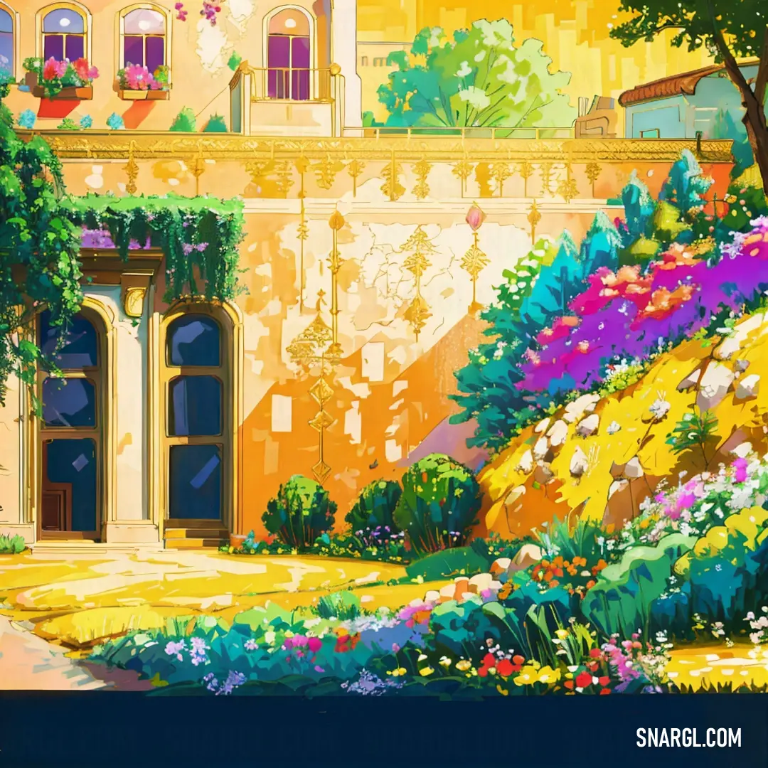 Painting of a house with a garden and a pathway leading to it