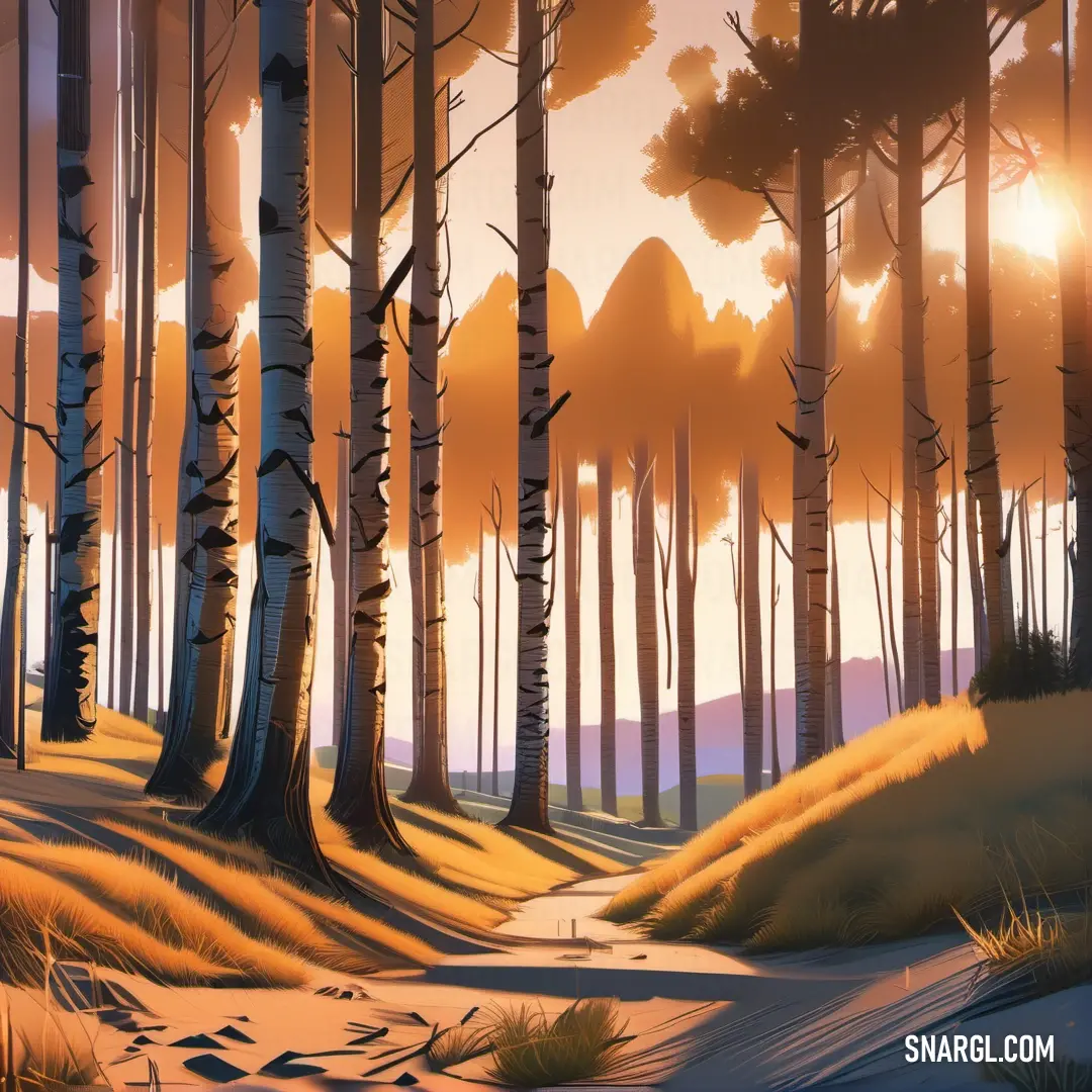 Pastel orange color example: Painting of a path through a forest with trees and grass at sunset or dawn with a mountain in the distance