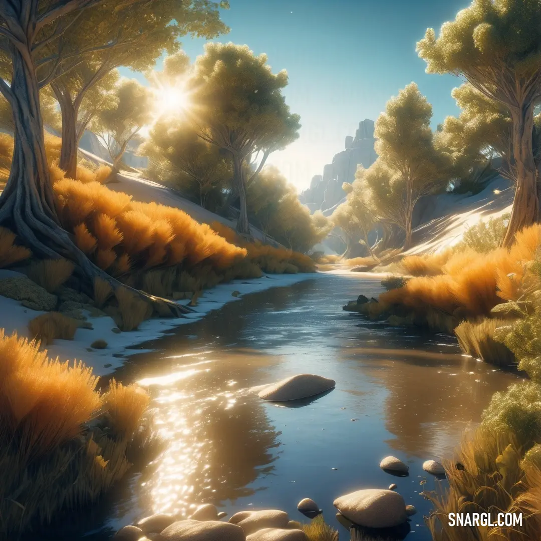 Painting of a river surrounded by trees and rocks in the sun light. Example of RGB 255,179,71 color.