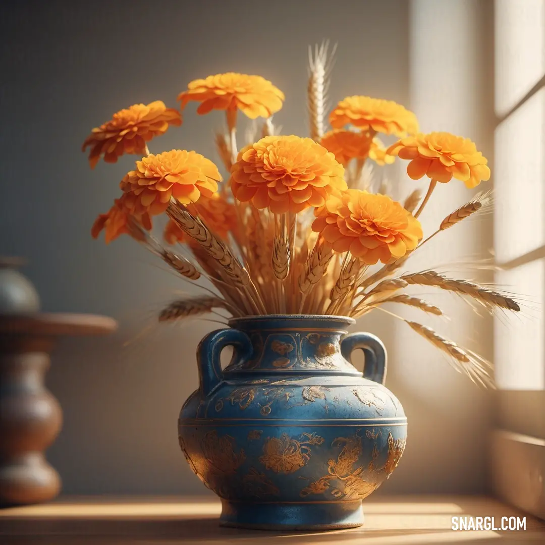 Vase with flowers in it on a table next to a window sill with a vase of wheat. Example of Pastel orange color.
