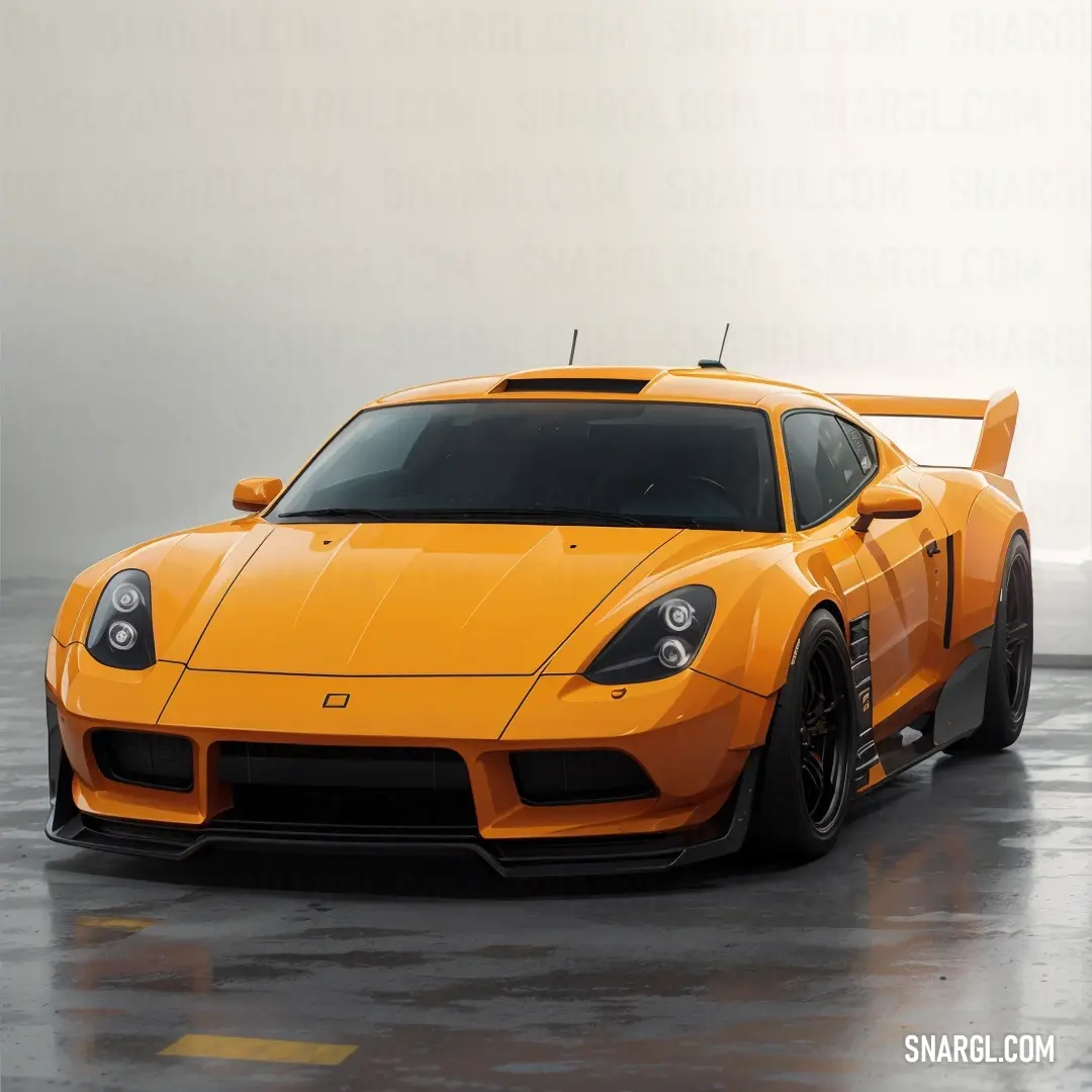 Pastel orange color. Yellow sports car parked in a parking lot with a sky background