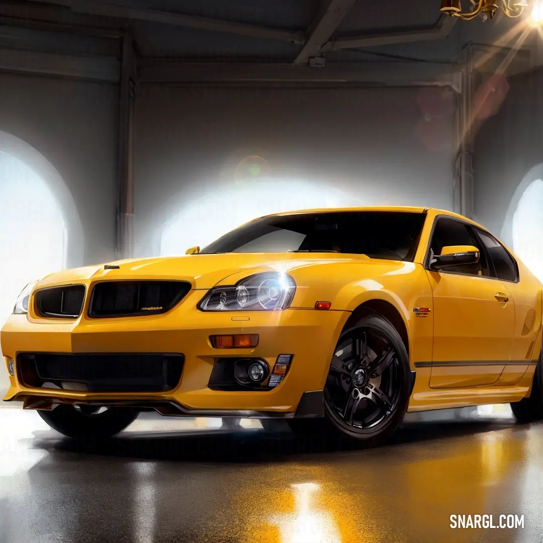 Yellow sports car parked in a garage with a light on it's side and a spotlight on the front of the car. Color CMYK 0,30,72,0.