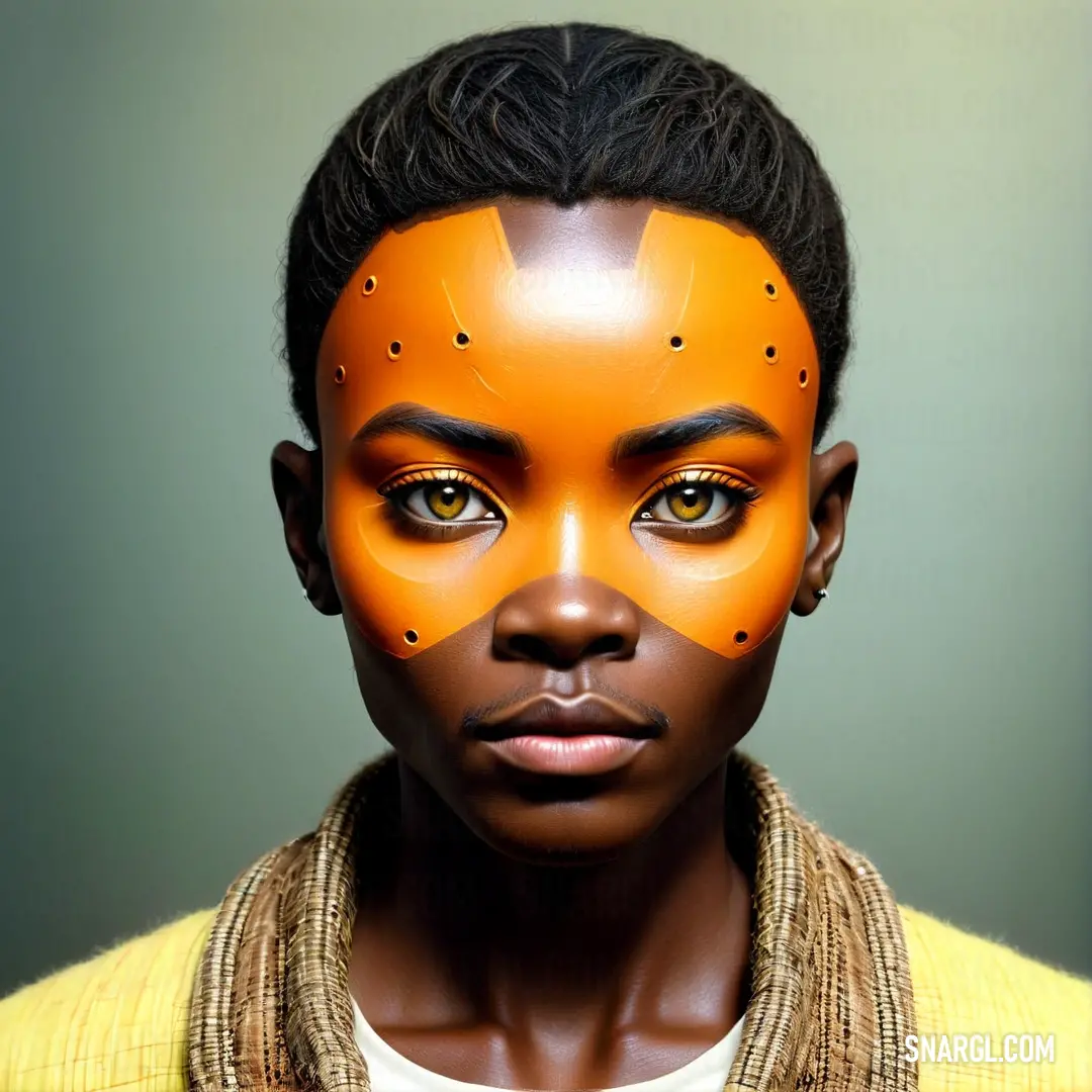 Woman with orange makeup and a yellow sweater on her face and a yellow sweater on her shoulders. Color RGB 255,179,71.