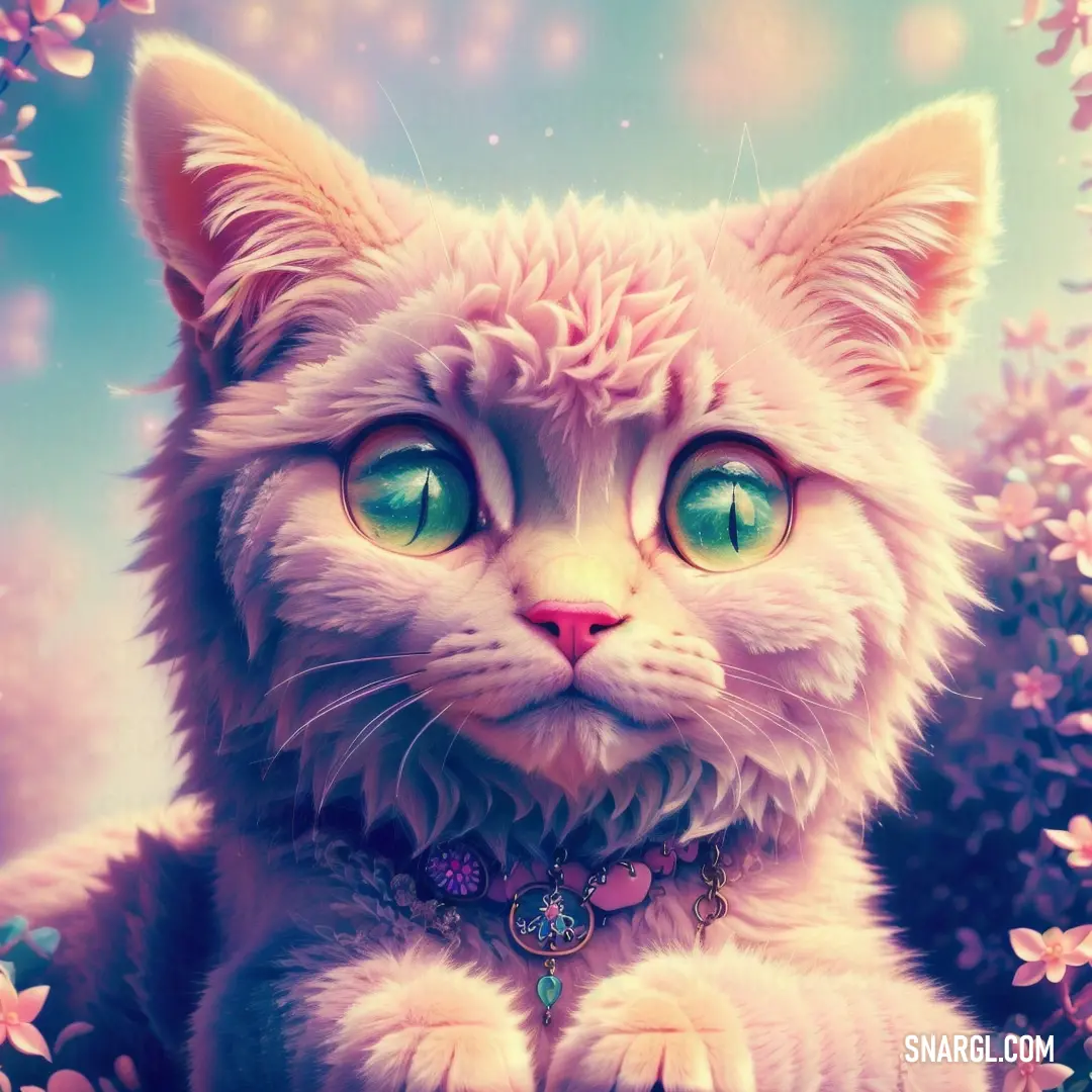 Cat with green eyes in a field of flowers with pink flowers around it's neck and a blue sky in the background