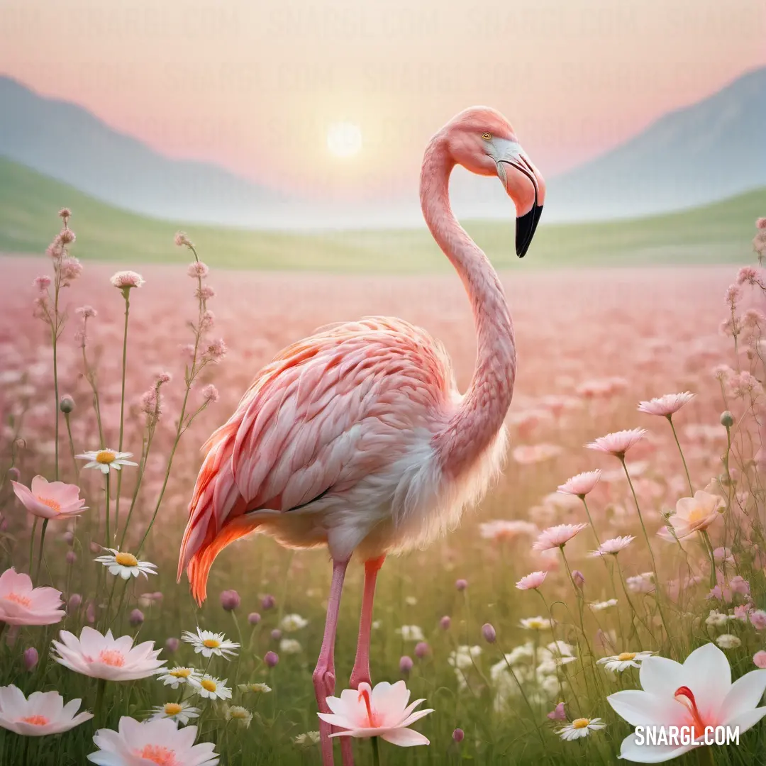 Flamingo standing in a field of flowers with a sunset in the background