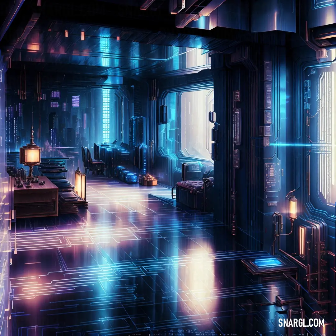 Futuristic room with a lot of blue lights and a lot of windows and a table with a lamp