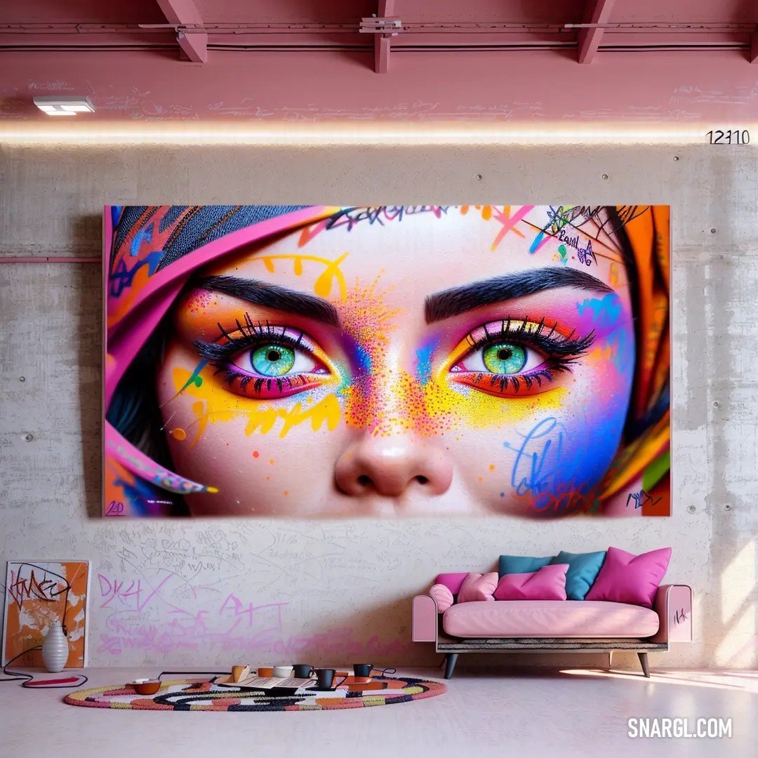 Large painting of a woman's face on a wall in a room with a pink couch and a pink chair. Color CMYK 0,18,14,0.