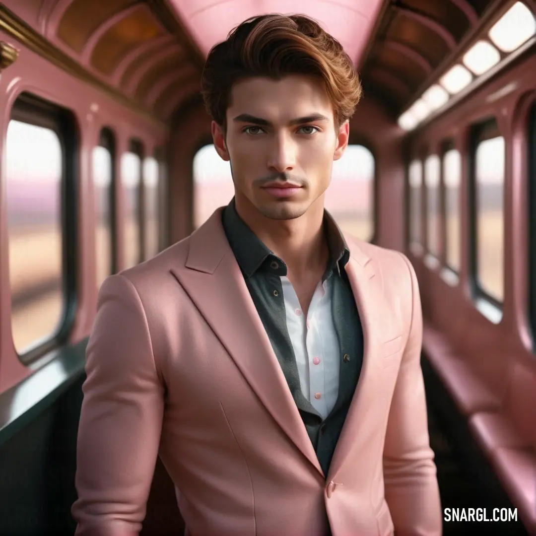Man in a pink suit standing in a train car looking out the window at the camera man is wearing a black shirt