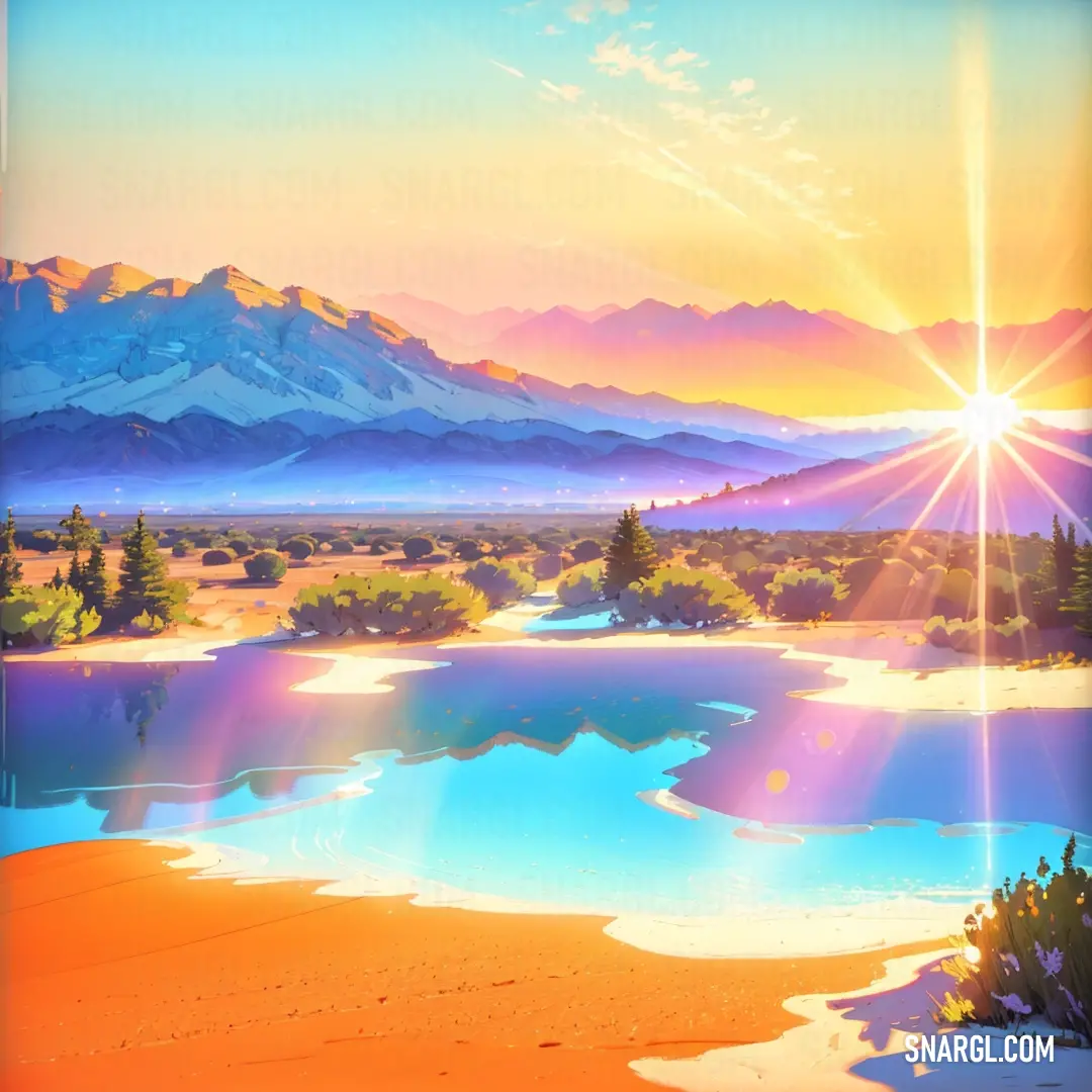 Painting of a beautiful sunset over a lake with mountains in the background and a bright sun shining over the water