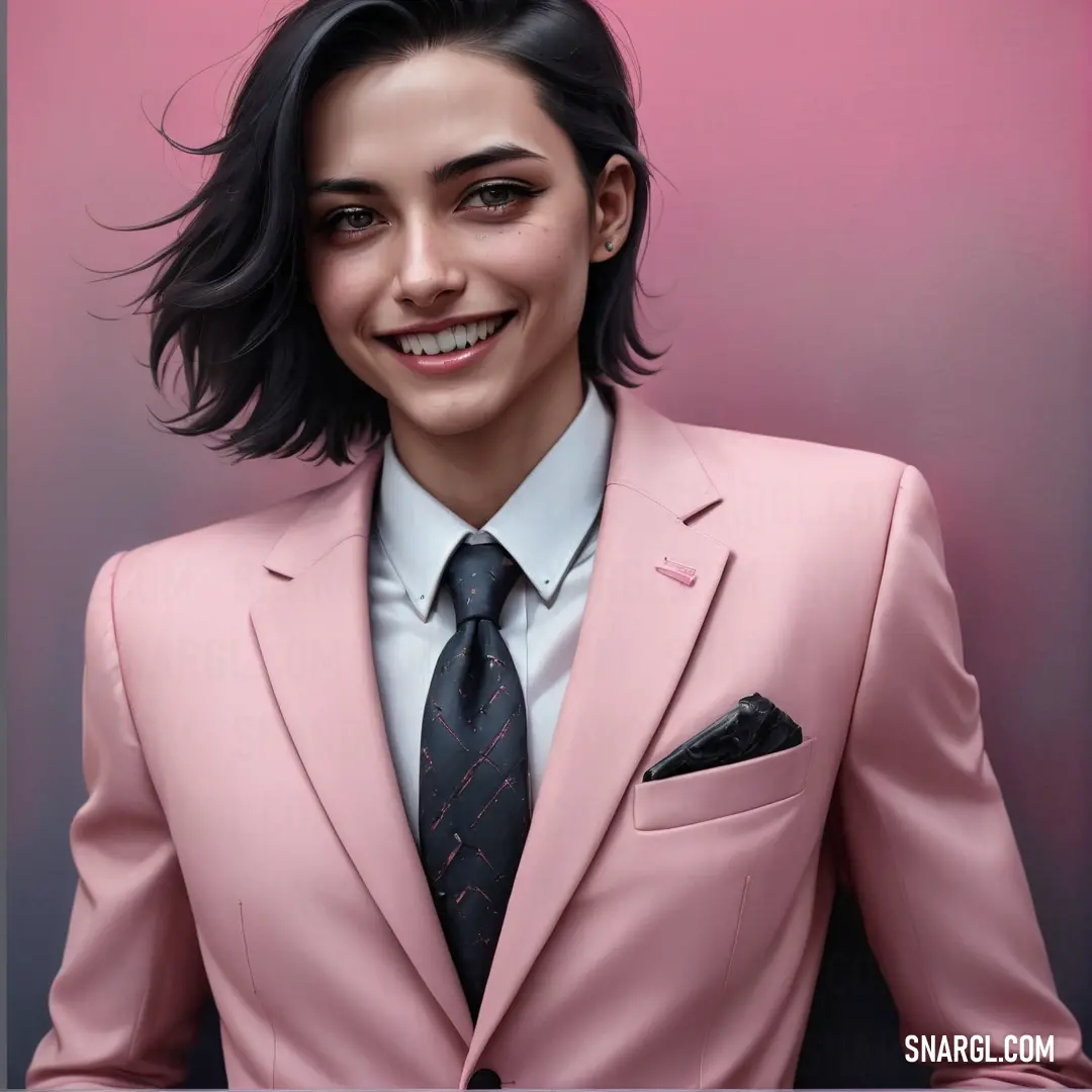 Painting of a woman in a pink suit and tie smiling at the camera with a pink background behind her. Color RGB 255,209,220.