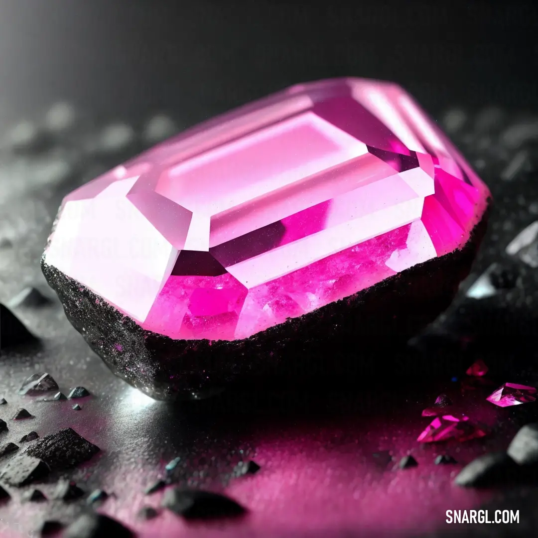 Pink diamond on top of a table next to a pile of black rocks and gravel