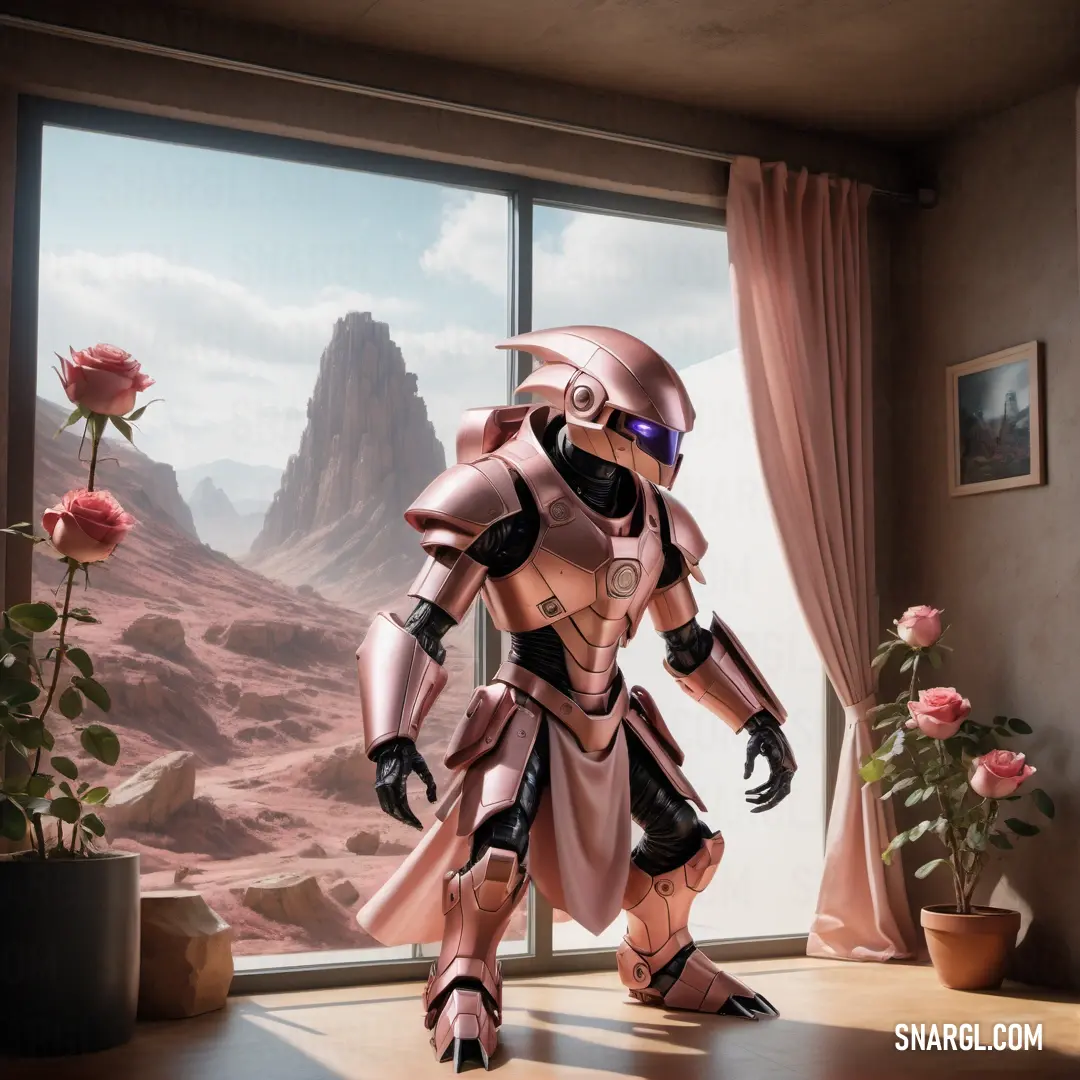 Robot standing in front of a window next to a potted plant and a rose in a vase