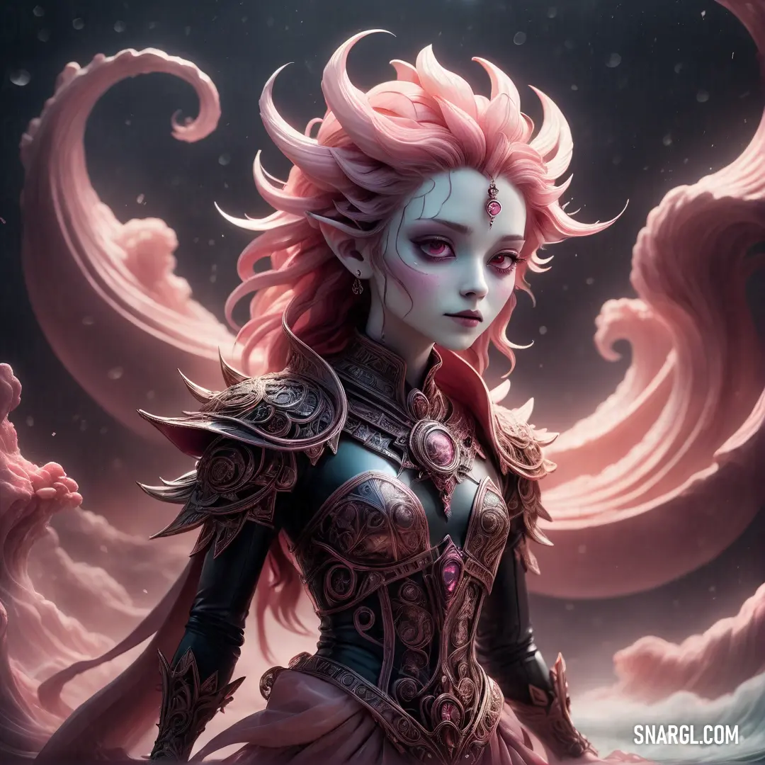 Woman with pink hair and a dress with a dragon on it's chest and a sky background