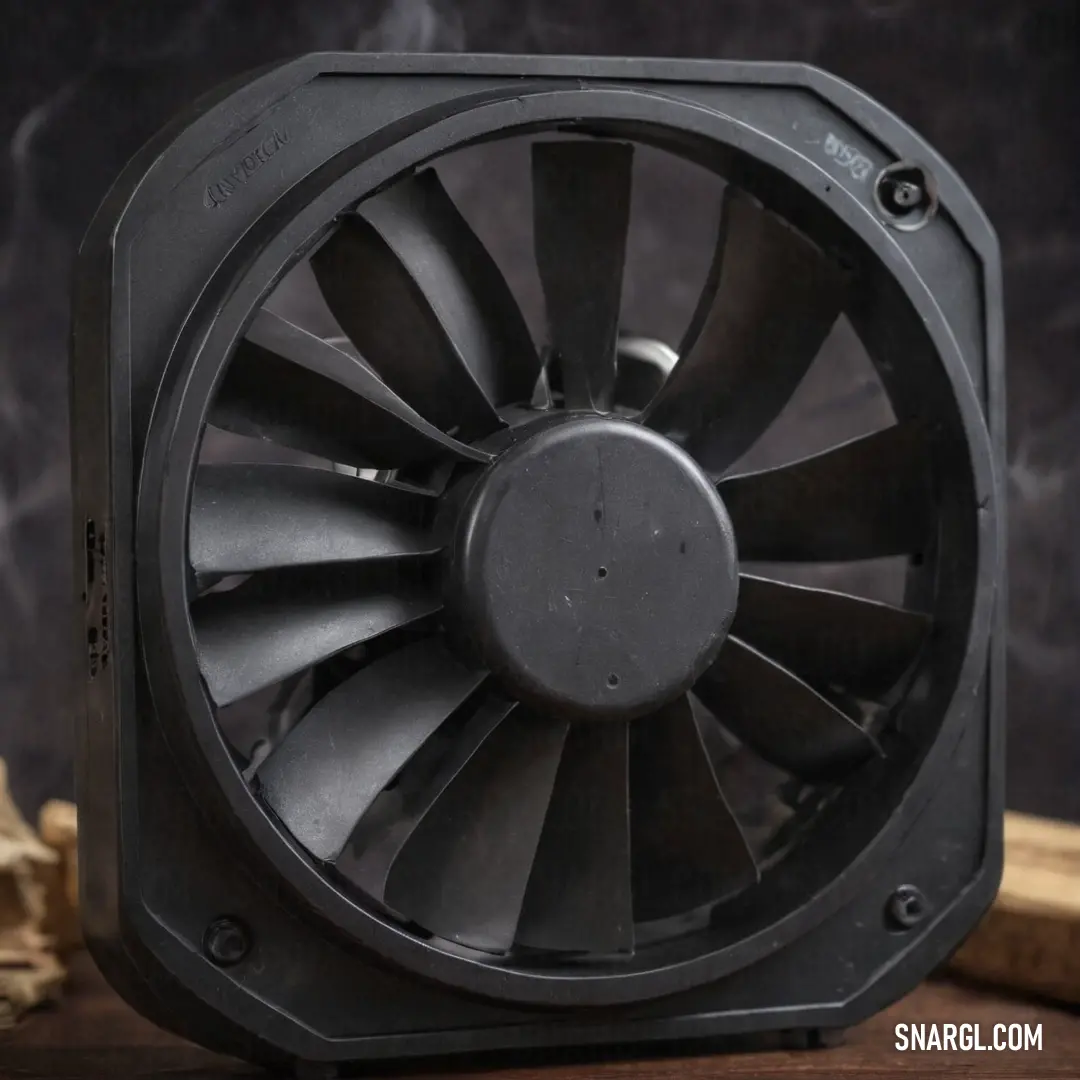 An inviting scene showcasing a black fan positioned atop a rustic wooden table, accompanied by a charming piece of wood, blending natural elements with modern utility in a perfect harmony.