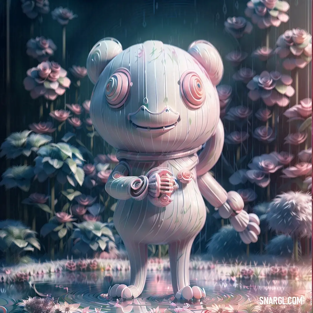 Cartoon character standing in a field of flowers with a umbrella in the rain