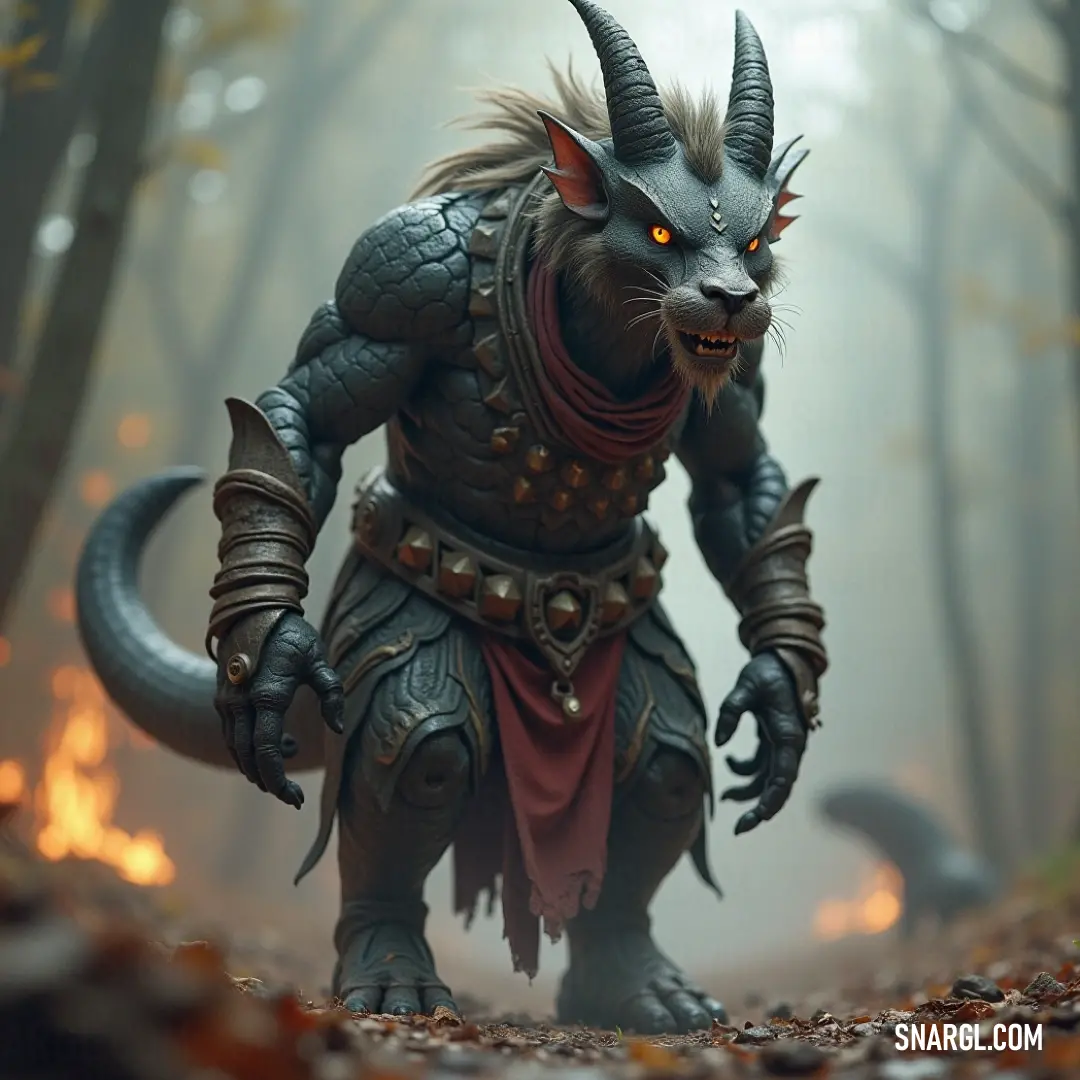 A mystical creature adorned with impressive horns stands amidst a serene forest, illuminated by the warm glow of a fire in the background, creating an enchanting atmosphere filled with wonder and intrigue.