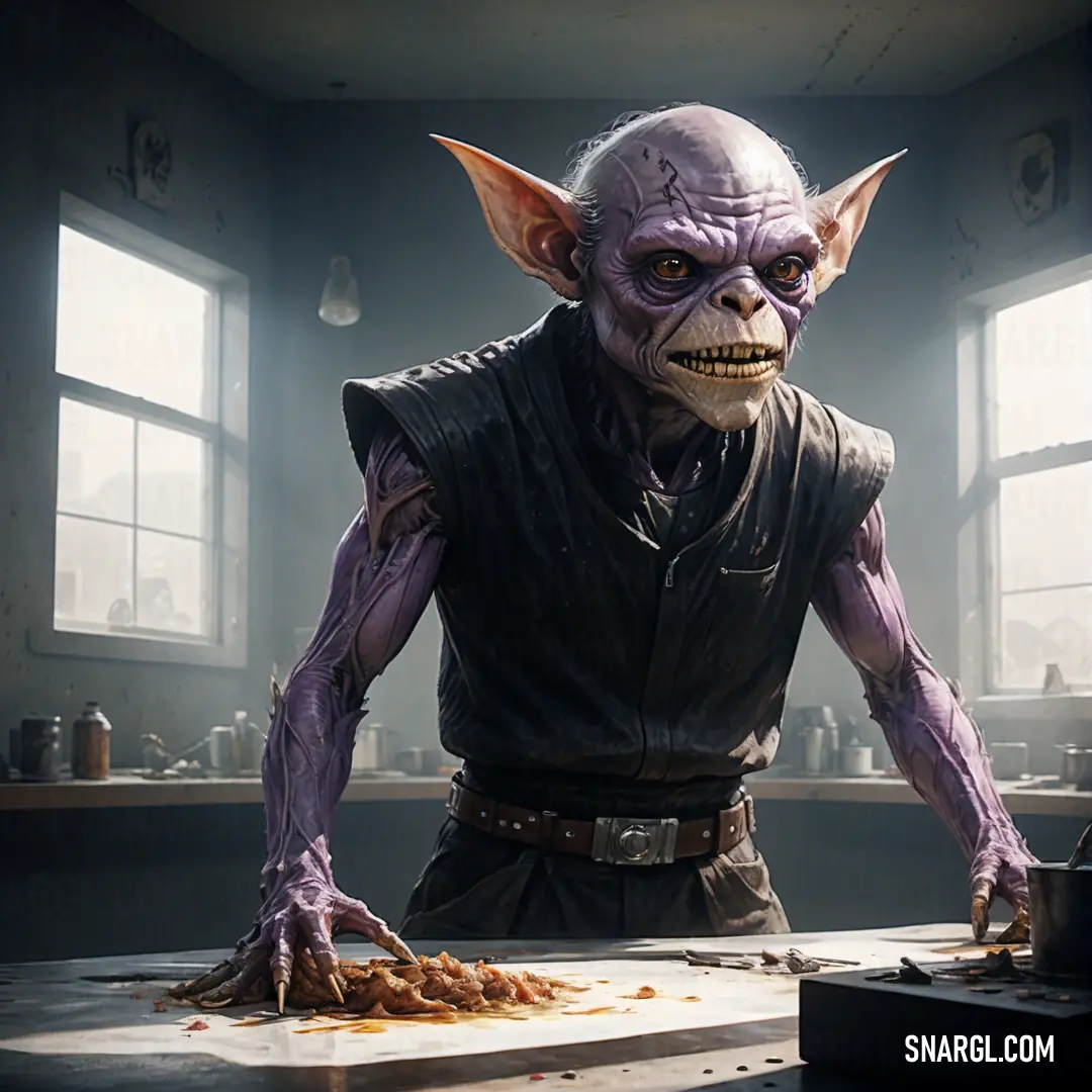 Demonic looking creature standing in a kitchen next to a cutting board with food on it and a knife. Color #B39EB5.