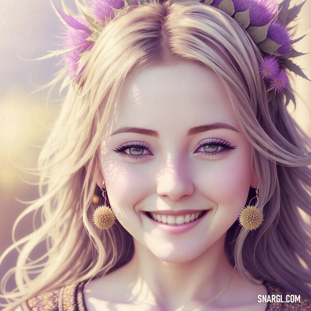 Pastel purple color. Digital painting of a woman with flowers in her hair and a necklace on her head and a smile