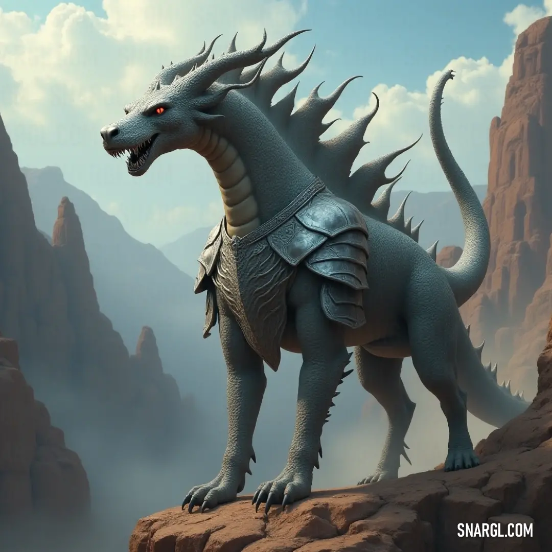 A formidable dragon clad in shining armor perches atop a rocky formation, surveying the mountainous landscape that stretches into the horizon. The fierce gaze of the dragon captivates viewers, hinting at tales of adventure and bravery amidst the rugged te