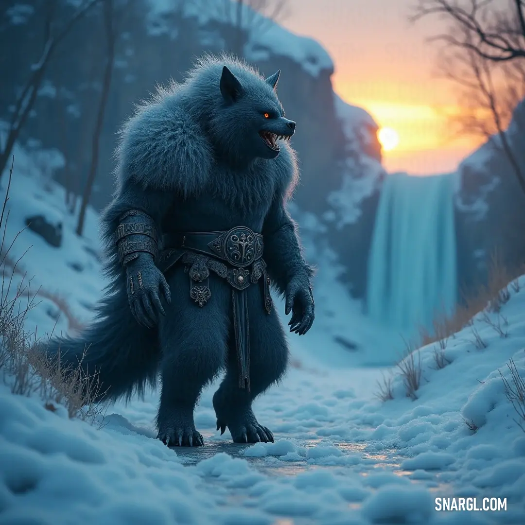 A furry creature braves the winter landscape, sword in hand, with a majestic waterfall cascading beside it. The scene captures the moment as the sun rises or sets, casting warm hues against the chill, creating a captivating contrast in this serene wildern