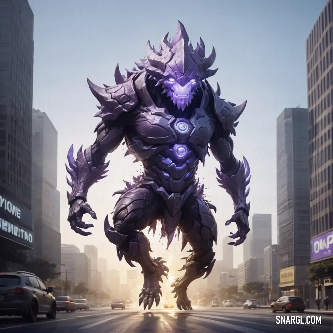 Giant robot standing in the middle of a city street with a giant demon like creature on it's back. Example of CMYK 1,13,0,29 color.