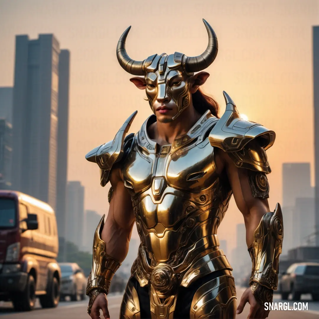 A man dressed in gleaming gold armor and a bull mask strides confidently down a bustling street. The cityscape around him is alive with energy, contrasting with his imposing, otherworldly appearance.