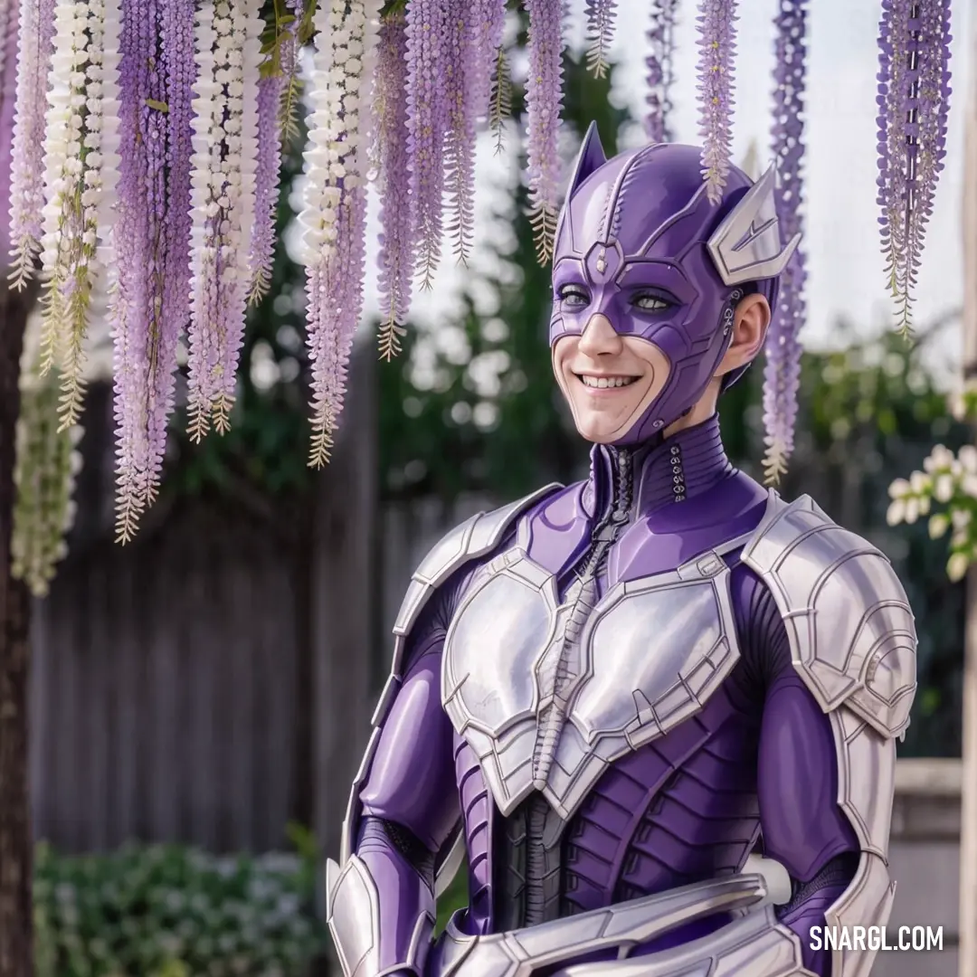 Man in a purple costume standing under a tree with purple flowers hanging from it's branches