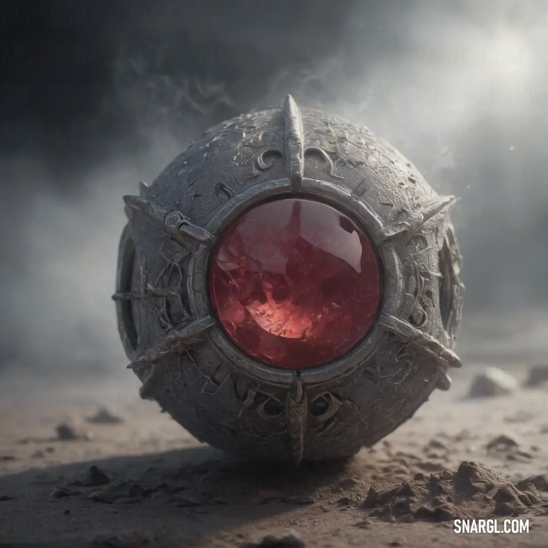 A glowing ball with a red light inside, resting on the dirt ground. The ball releases a trail of smoke as it pulses with an eerie, otherworldly energy.