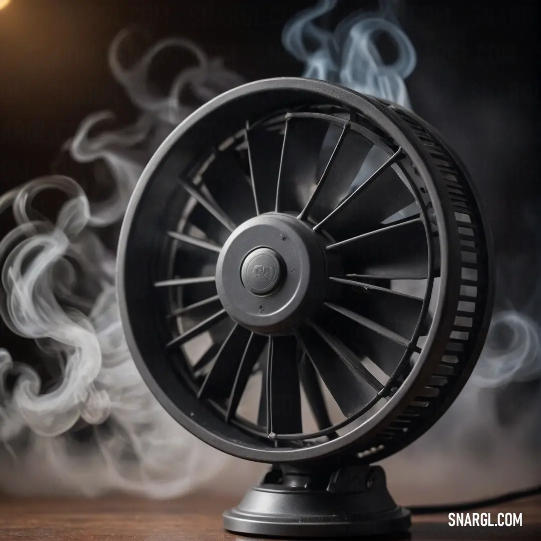 A striking black fan exhaling wisps of smoke, elegantly perched atop a tabletop amidst a dramatic black background, evoking a sense of mystery and allure in its simplicity.