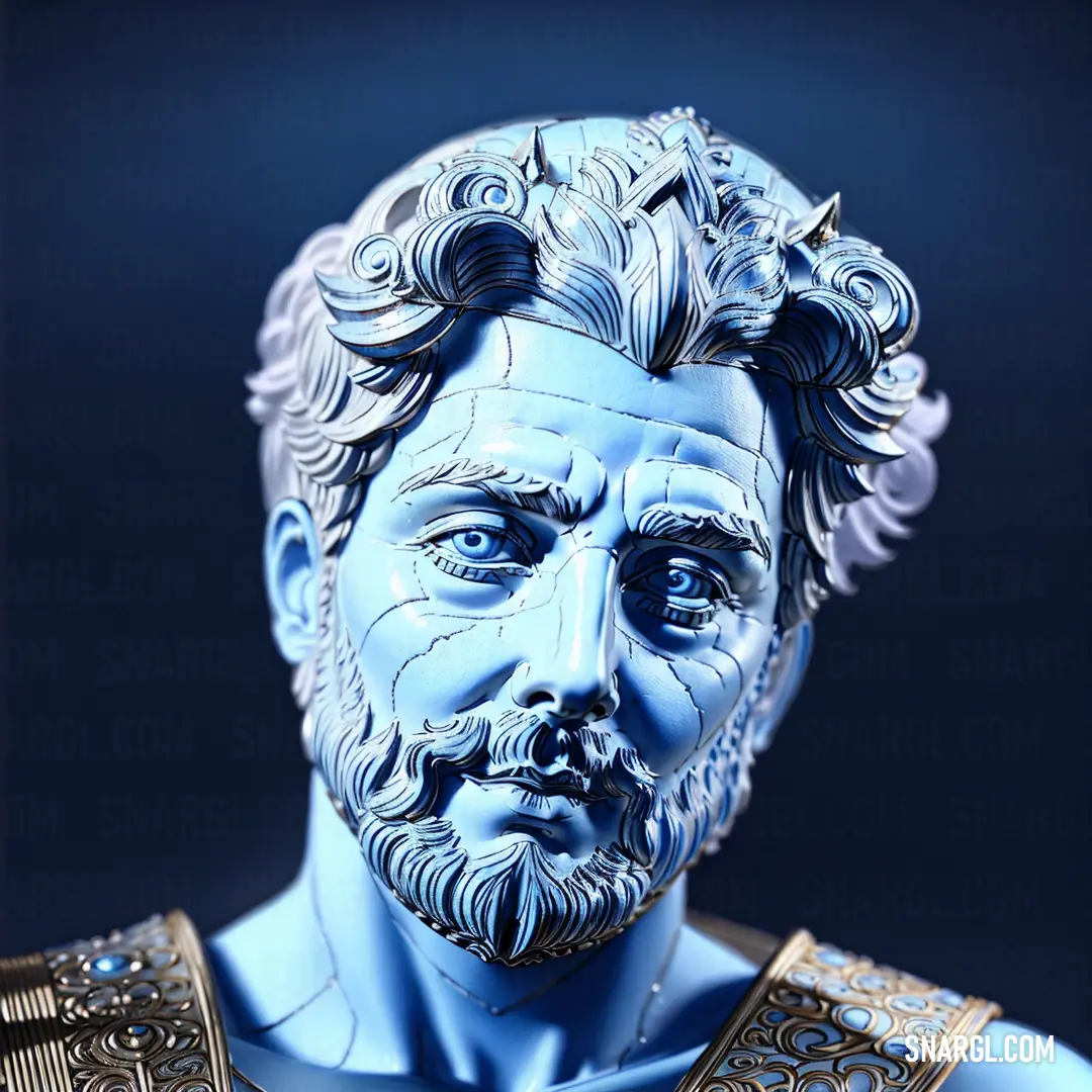 A vivid blue statue of a man with a long beard, adorned with a beard ring on his head, dressed in a blue shirt. The color palette reflects the unique mix of cyan and magenta tones.