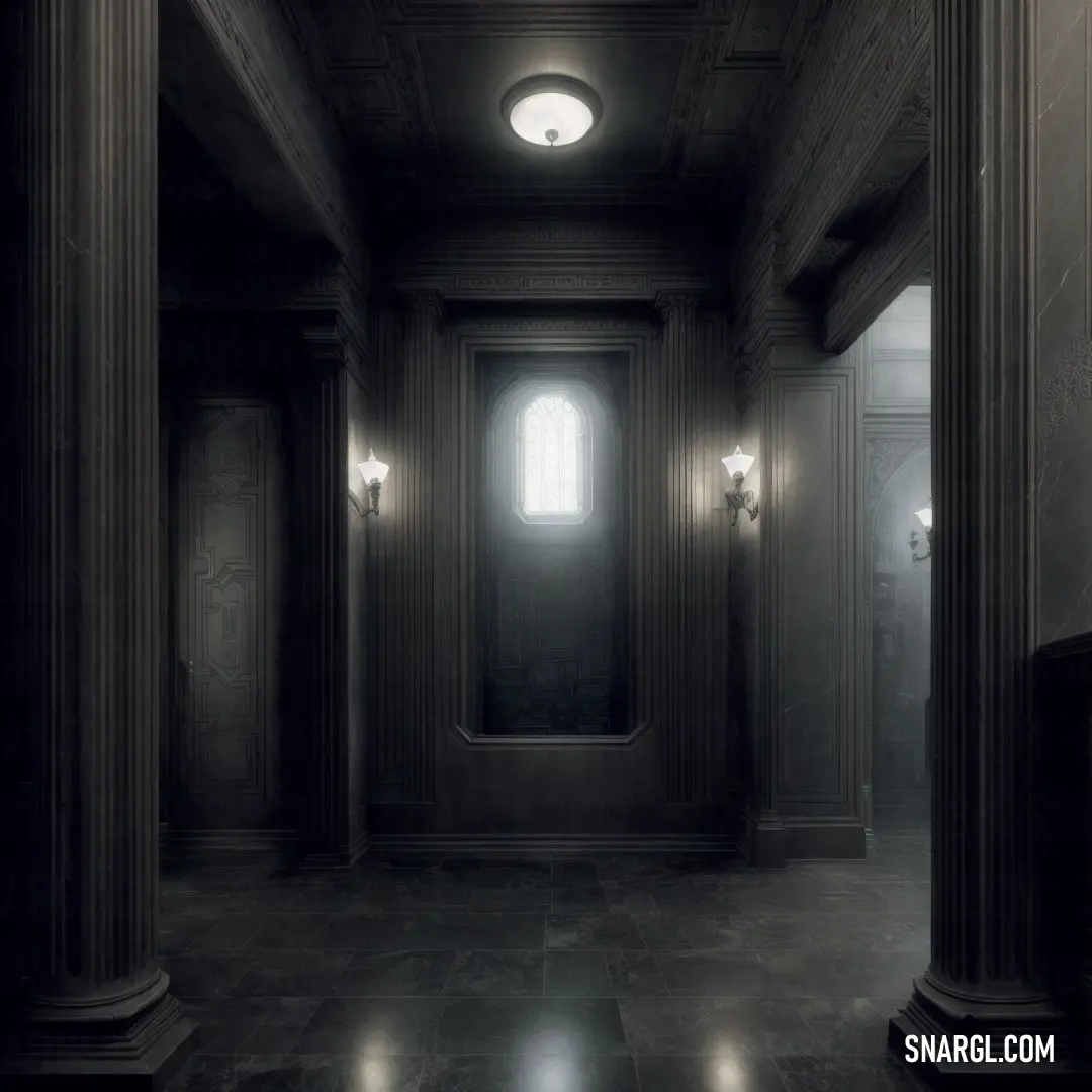 A dimly lit hallway leads into a room with a window framed by columns. The soft glow from the light above casts shadows on the walls, creating an air of mystery and solitude in this architectural space.