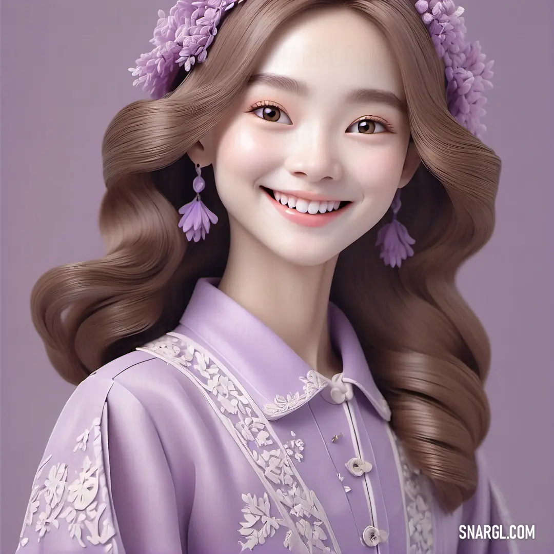 Girl with long hair wearing a purple dress and a flower crown on her head. Color CMYK 1,13,0,29.