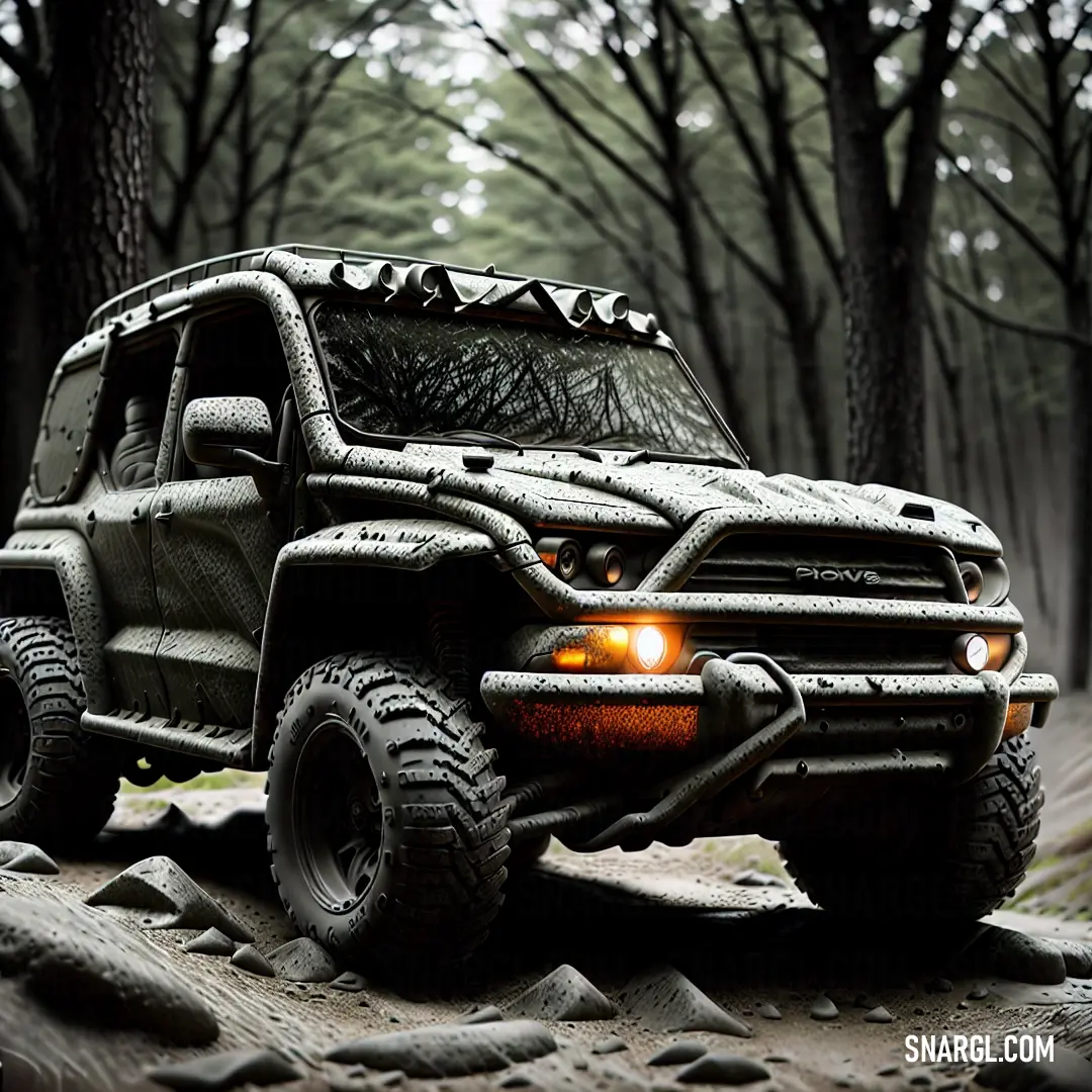 A truck moves through a dense forest, its headlights cutting through the night as trees and rocks blur in the background. The truck’s journey feels endless in this quiet wilderness, illuminated only by its own light.