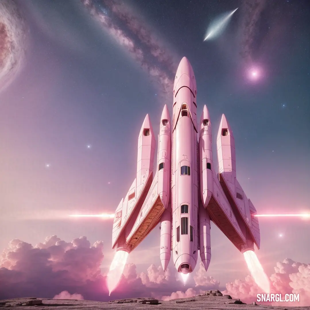 Pink and white space shuttle flying through the sky with a star in the background and a planet in the distance
