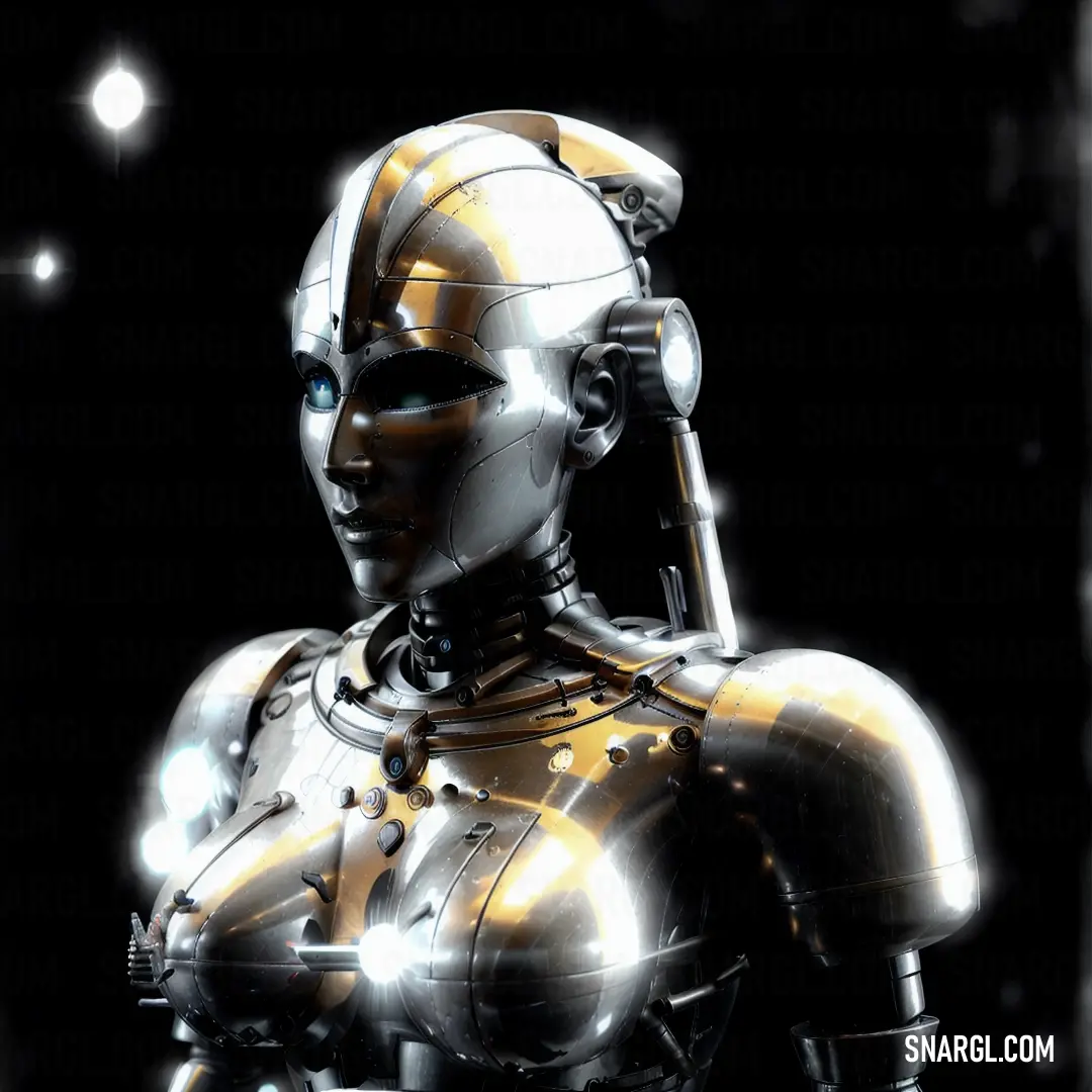 A sleek robot holding a camera, set against a dark, dramatic background. The robot's design is futuristic, with intricate details and a glowing presence, creating a perfect contrast with the deep black backdrop.