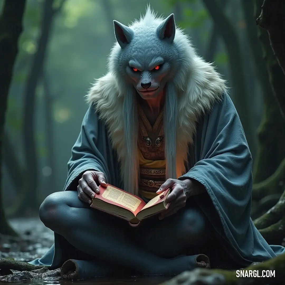 A whimsical wolf holds a book in its paws amid a tranquil forest, surrounded by lush trees and glistening water, evoking a fairytale ambiance infused with colors represented by CMYK 1, 13, 0, 29.